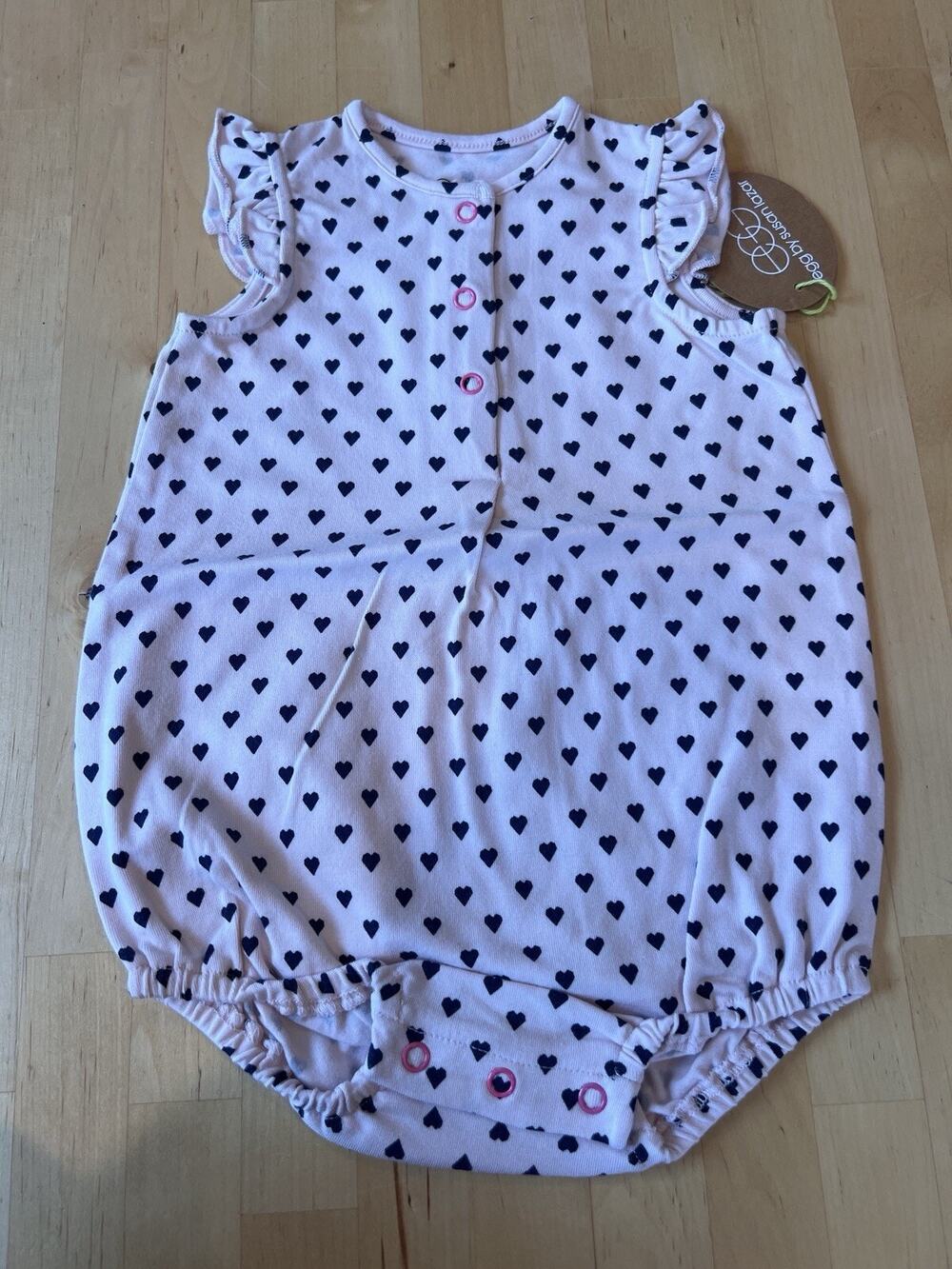 EGG by Susan Lazar Baby 6 Months Sleeveless Ruffled Romper Pink w/Hearts